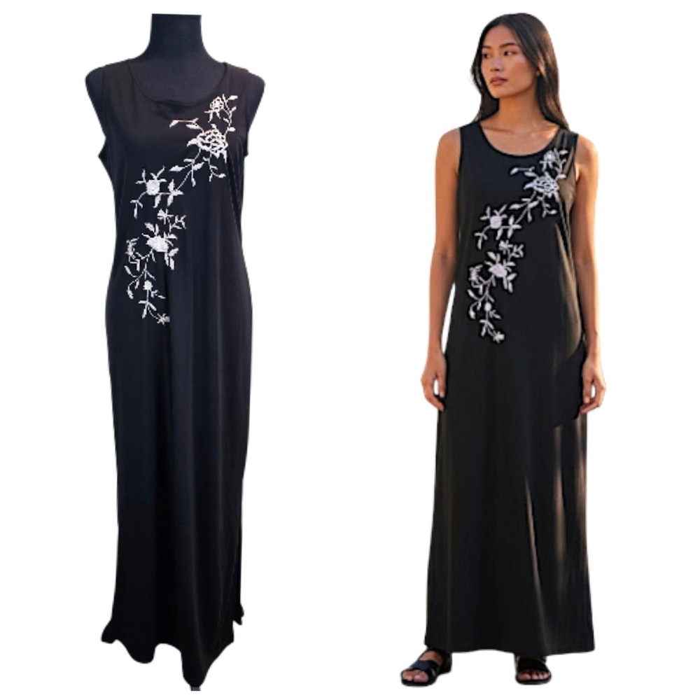 Vintage Byer Studio Embroidered Black Maxi Dress Floral Y2K 90s Made in USA Sz 6